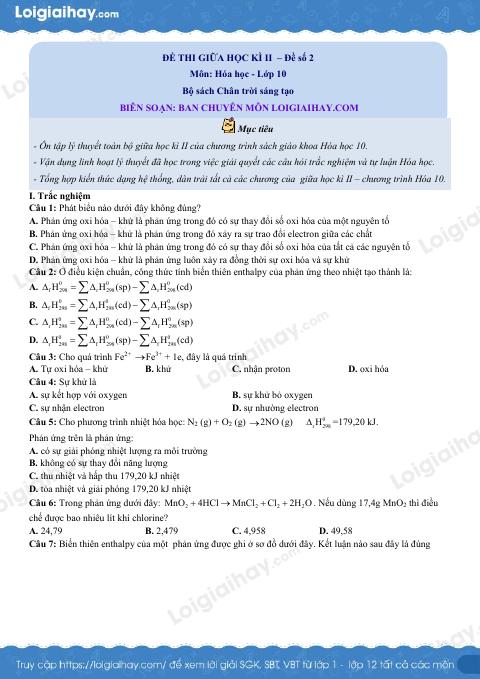 Đề thi giữa kì 2 Hóa 10 - Chân trời sáng tạo - Đề số 2